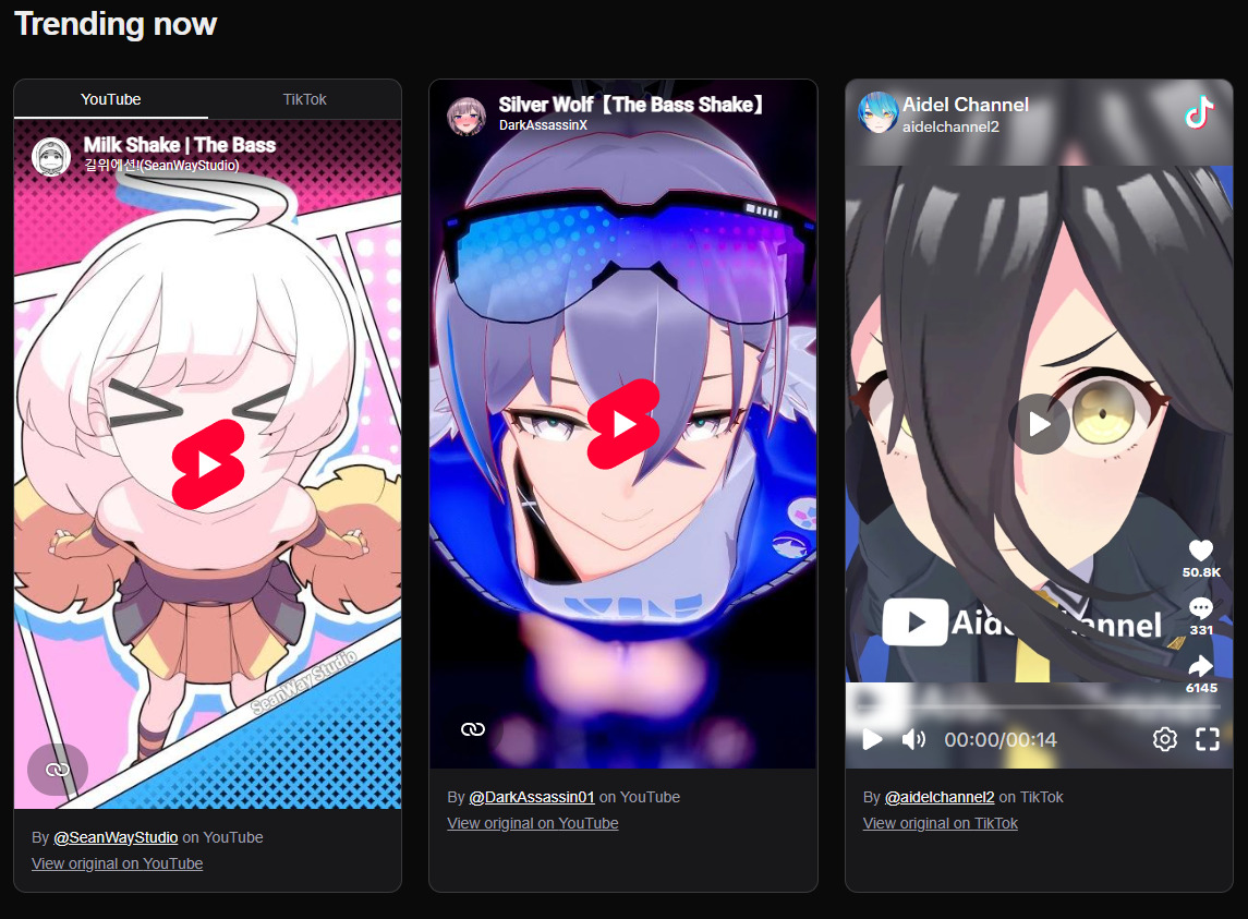 Trend site feed showing three video cards, one with YouTube and TikTok tabs.